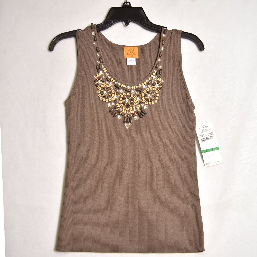 Ruby Rd. Women's Brown Gold Beaded Neck Line Tank Top Size Petite Large NWT